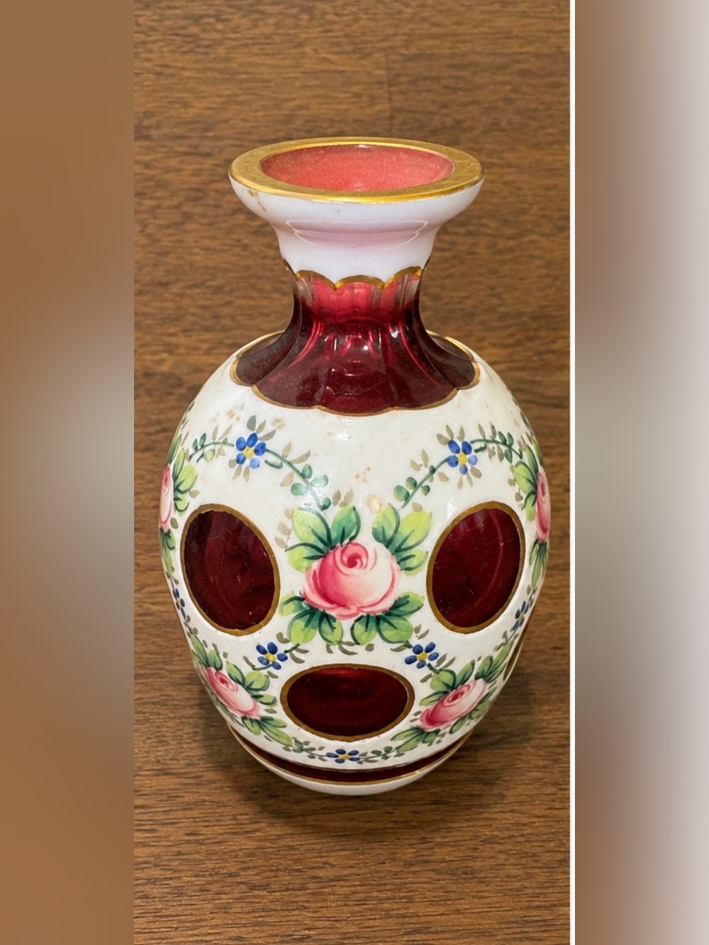 Antique Bohemian Cranberry Cut-to clear Art Glass Bud Vase 1880-1910